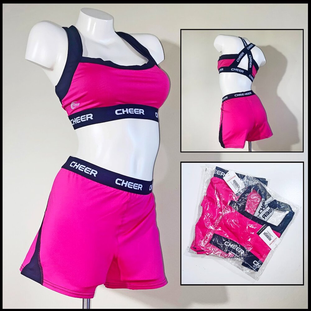 NEW "CHASSE" XL HOT PINK AND BLACK CHEER OUTFIT - SPORTS BRA & SHORTS